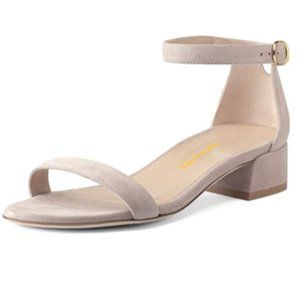NEW XYD Nude Suede Open Toe Strappy Low Block Heel Ankle Strap Buckle Sandal